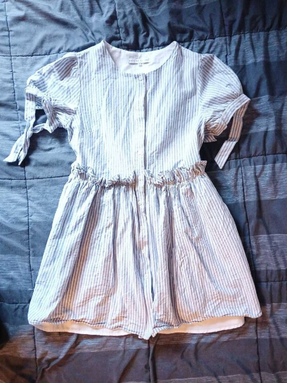 English Factory Striped Button Up Dress with Ruffle Detail Waist 100% Cotton